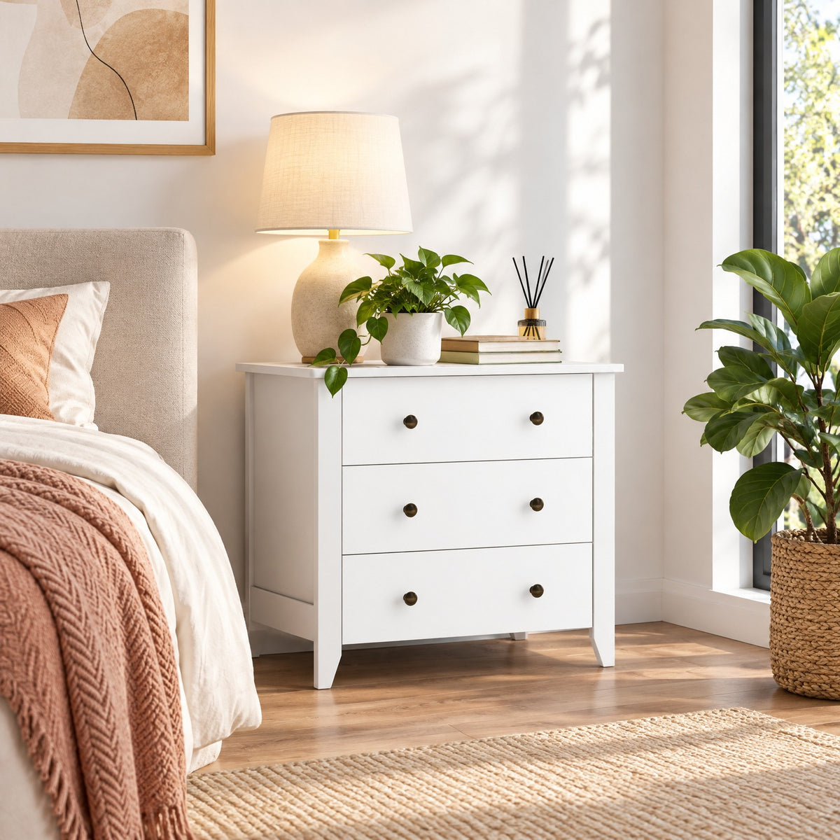 Airfind 3 Drawer Dresser Chest of Drawers Bedside Table, MDF Frame, 28in x 18in x 26in Footprint, White