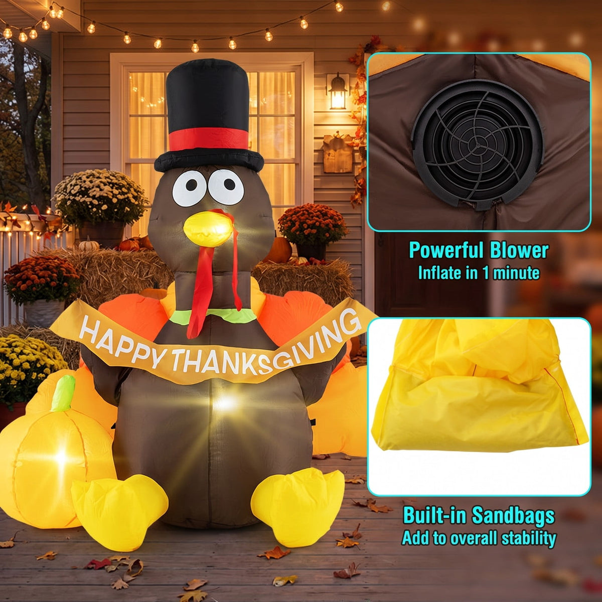 Airfind 5 FT Inflatable Turkey with Pumpkin and LED Lights for Indoor Party, 190T Polyester Fabric, 4.6 x 3.6 x 5 ft Length of