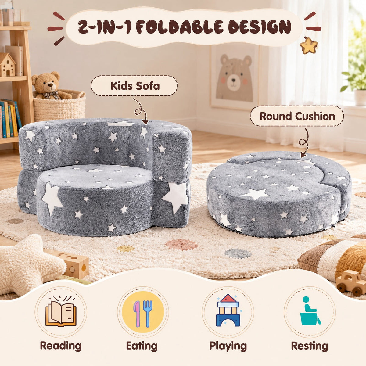 Airfind 2-in-1 Convertible Glow in the Dark Kids Sofa with Removable Washable Cover, Flannel Fabric Sponge Frame, for 3+ Years Old, Gray