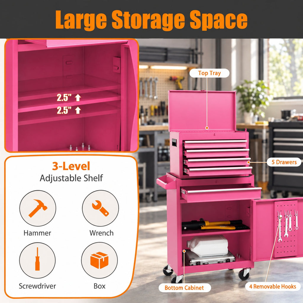 Airfind 2-in-1 Rolling Tool Chest with 5 Sliding Lockable Drawers, 220.5 lbs Capacity, Steel rubber-plastic synthetic Frame, Pink Main