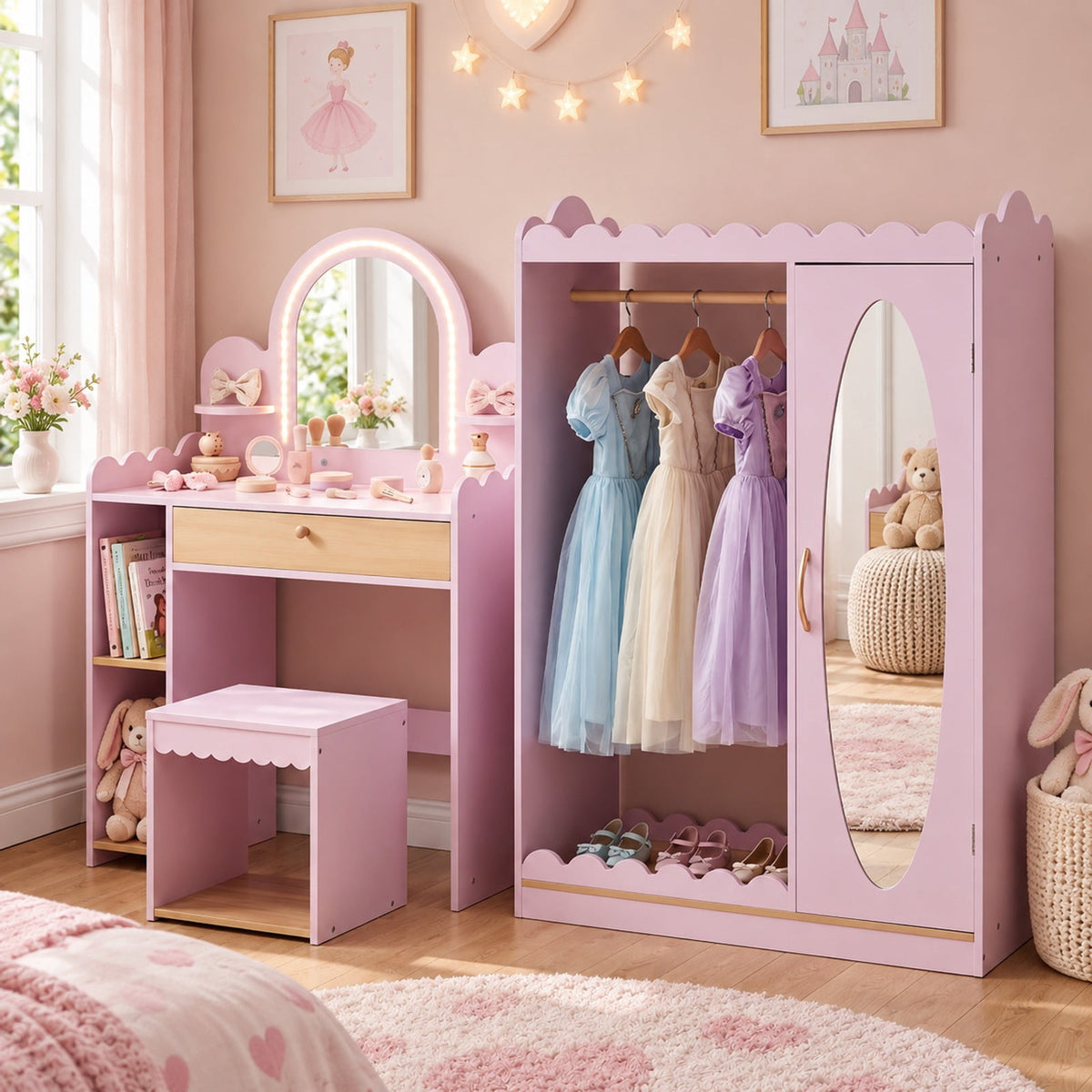 Airfind Pretend Personal Dressing Table Set with 2 Small Shelves and Compartments, 90 Lbs Capacity, Engineered Wood, for 3 and Years Old, Pink