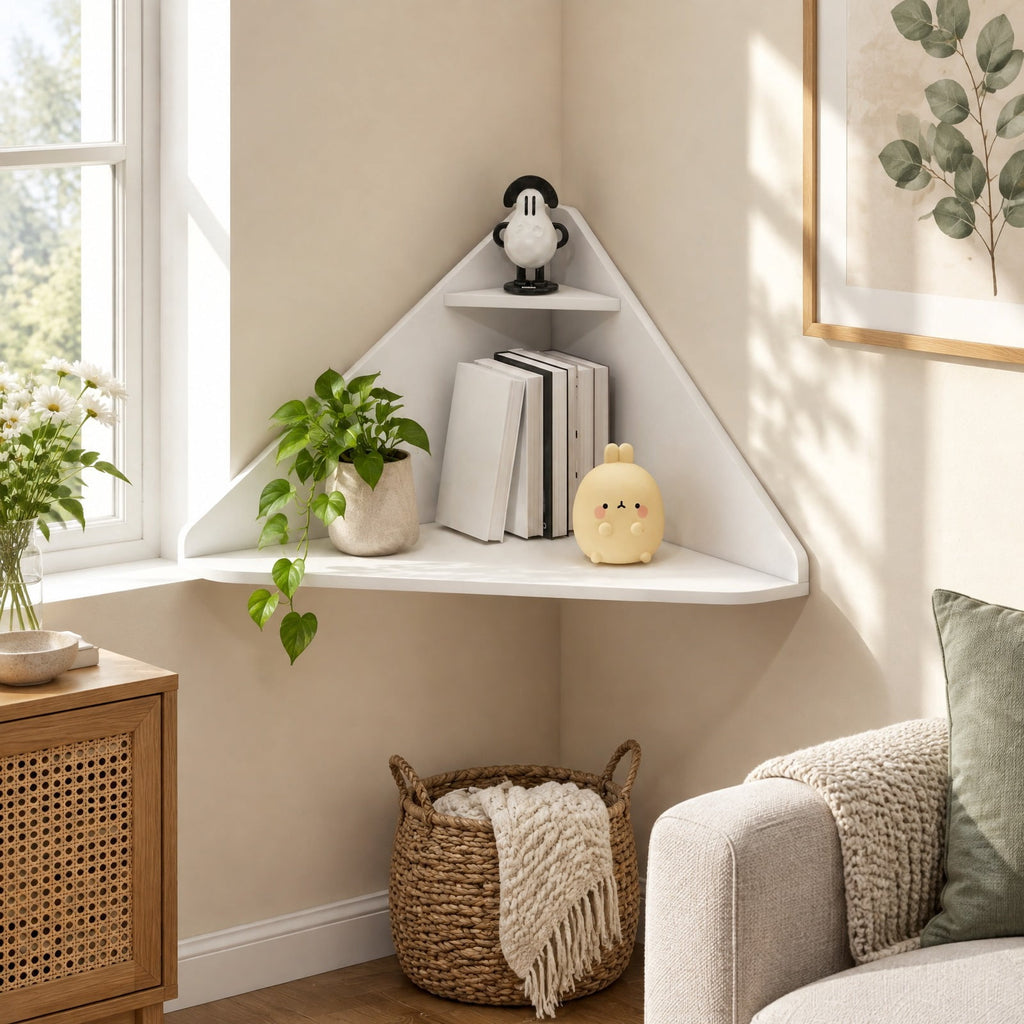 Airfind Floating Triangular Corner Computer Desk with Storage Shelf, Engineered Wood Frame, White, Overall Dimensions 36.5 Inch x 31 Inch x 18 Inch Sid