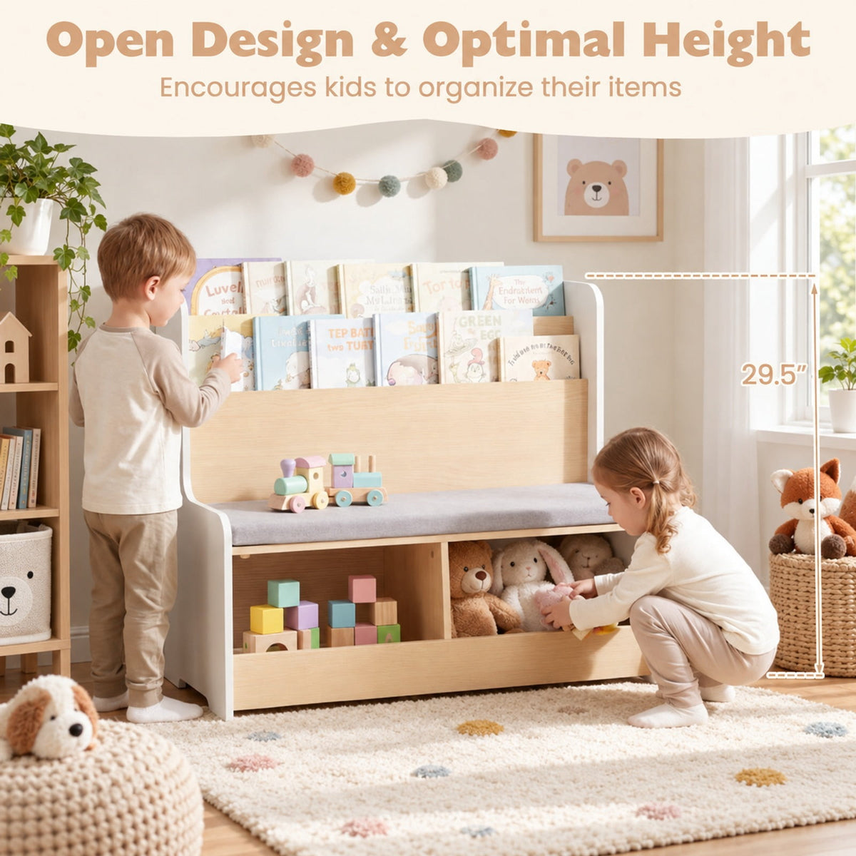 Airfind Kids Reading Nook with Bench Bookshelf and 2 Cubbies, 132 lbs Capacity, MDF Fabric Sponge Frame, White