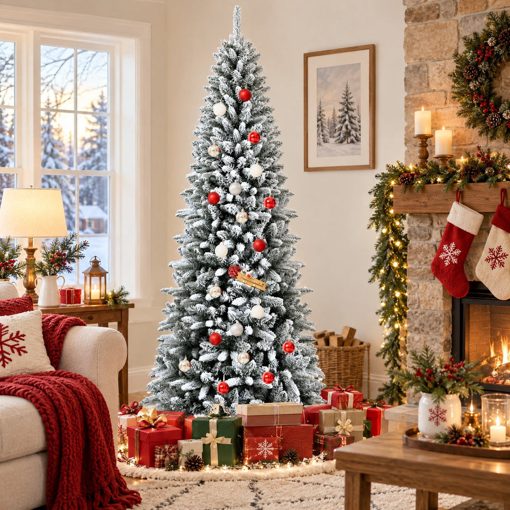Airfind Snow-Flocked Hinged Artificial Christmas Pencil Tree with Mixed Tips-7.5 ft, White, Number of tips 373 829 1189