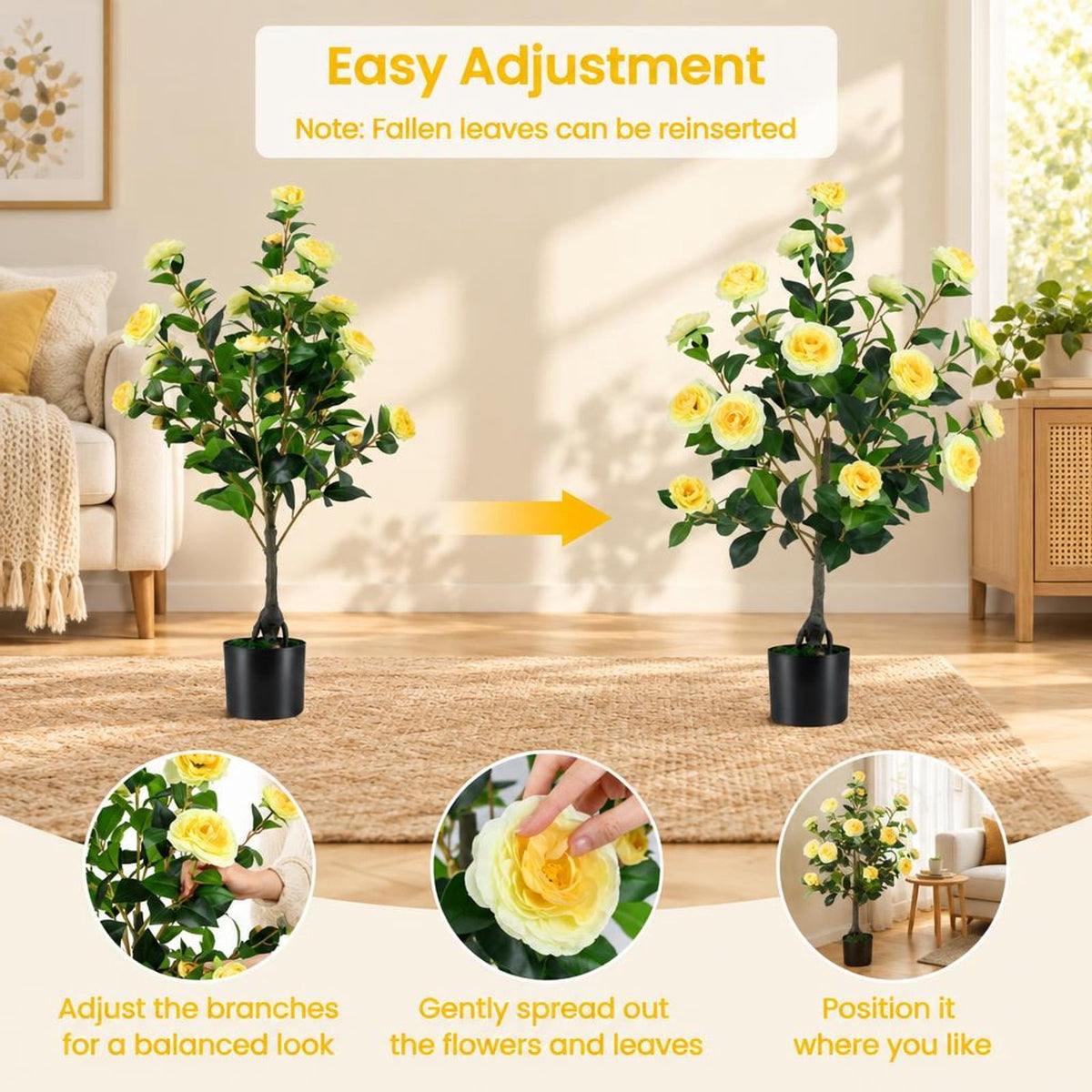 Airfind 2-Pack Artificial Camellia Tree Faux Flower Plant in Cement-Filled Pot, Yellow, offers excellent stability and balance