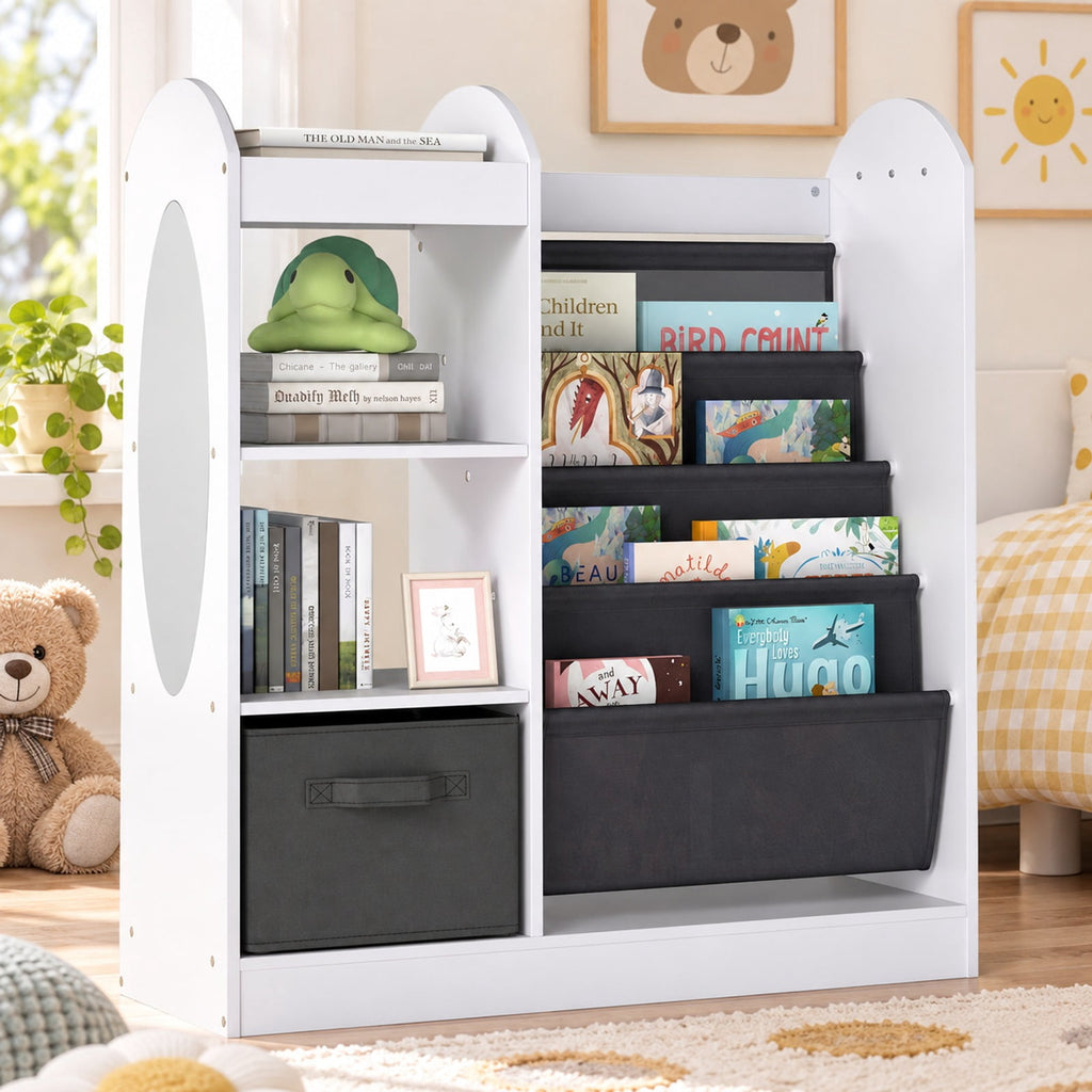 Airfind Toy Storage Organizer with 4-Tier Sling Shelves, 22 lbs Capacity, MDF Pine Wood Fabric Frame for Everyday Use, White