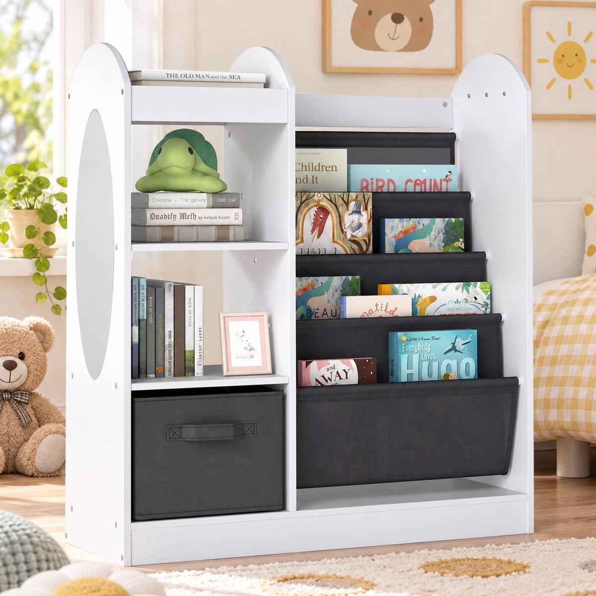 Airfind Toy Storage Organizer with 4-Tier Sling Shelves, 22 lbs Capacity, MDF Pine Wood Fabric Frame for Everyday Use, White