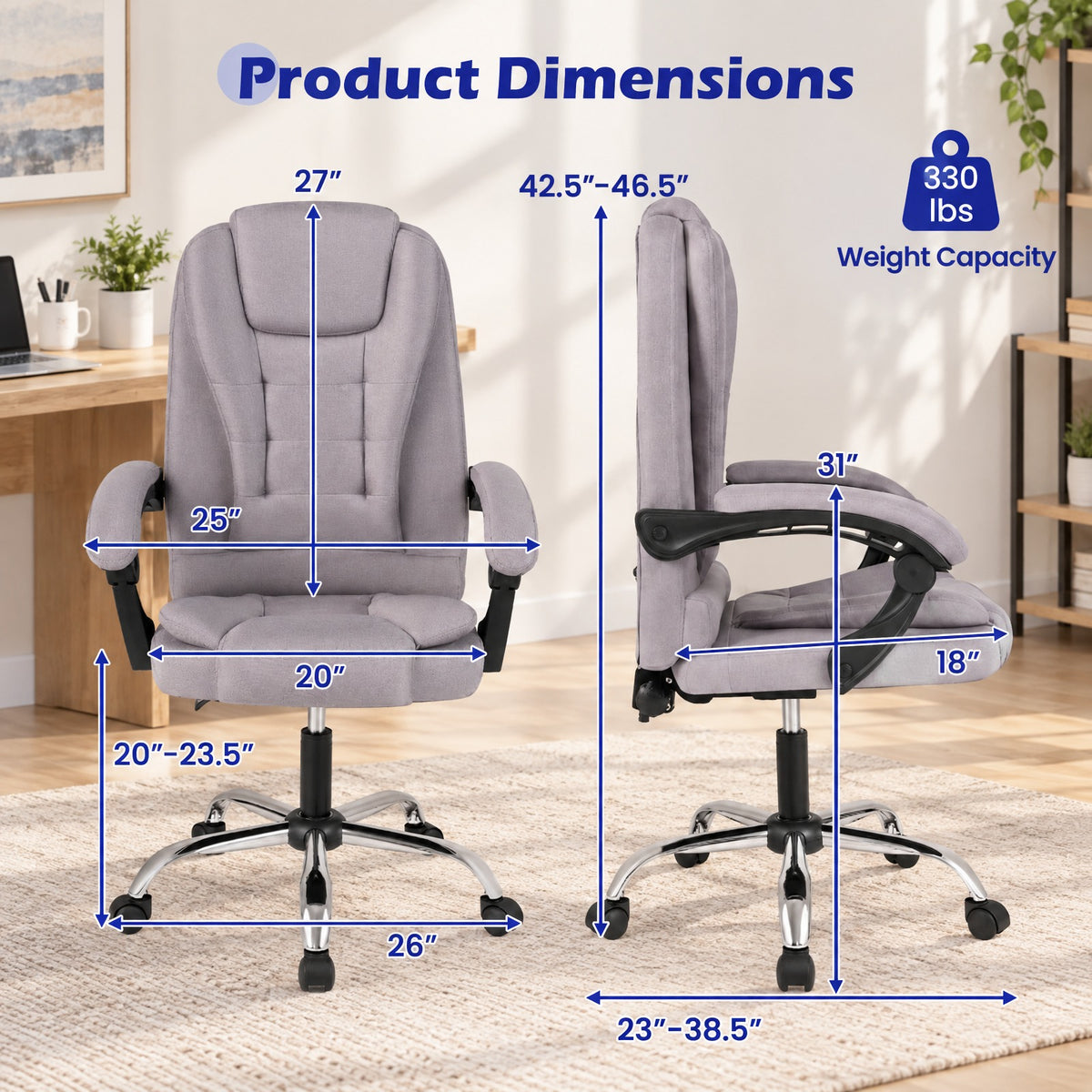 Airfind Big High Back Executive Chair with Linkage Armrests and Leather Padded Seat for Office, 330 lbs Capacity for Everyday Use, Gray
