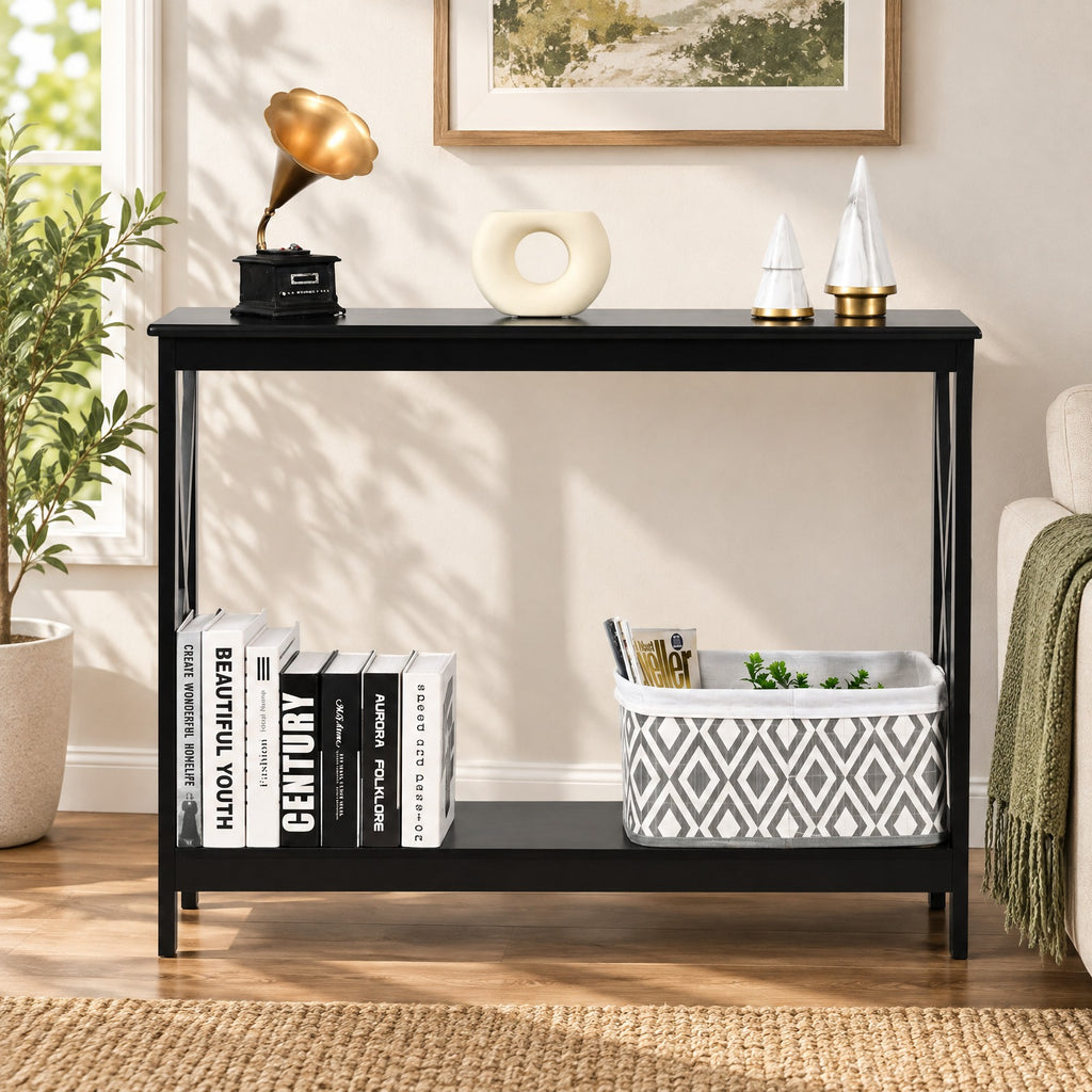 Airfind 2-Tier Console X-Design Sofa Side Accent Table, 66 lbs Capacity, P2 MDF Frame, 39.5 x 12 x 31.5 Footprint, Black