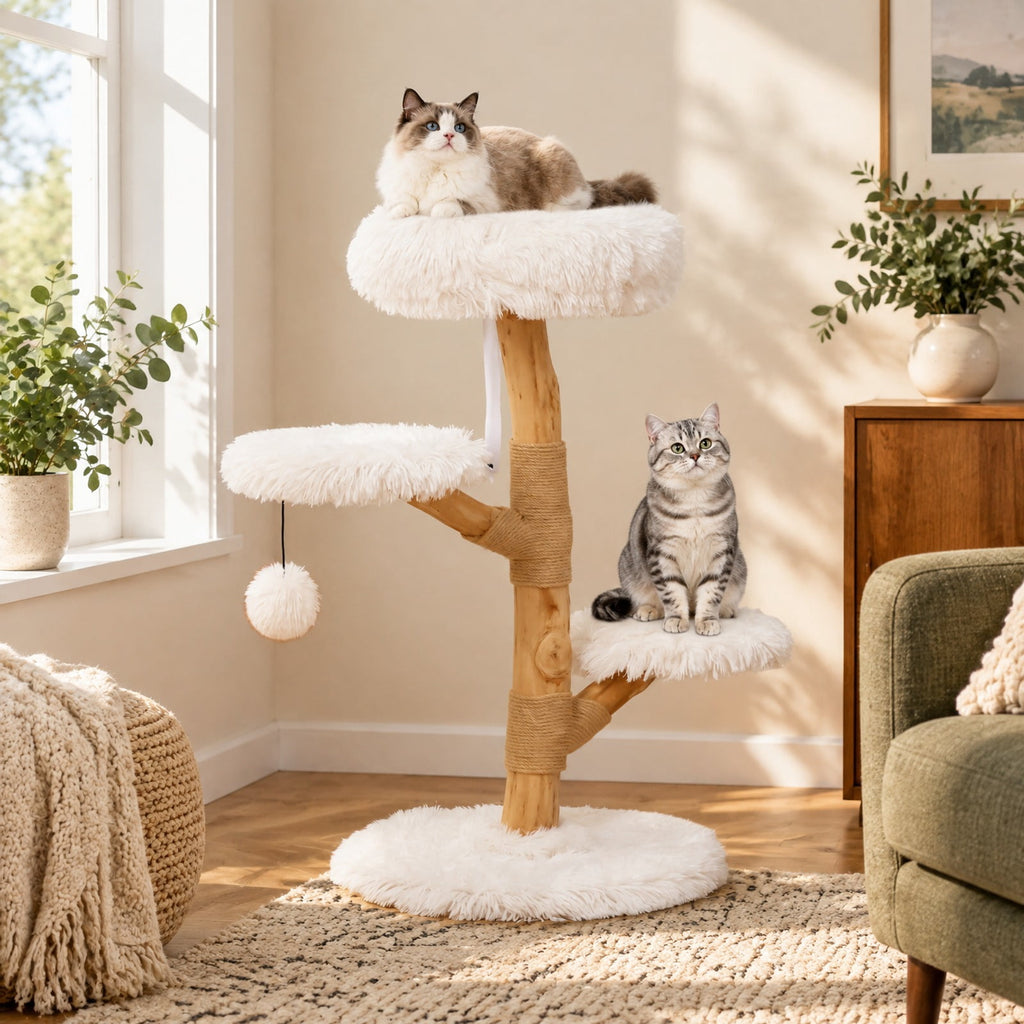 Airfind Cat Tree Solid Pear Wood with Perch and Natural Jute Scratching Posts, 22 lbs Capacity, Pear Wood Jute Long Plush Fabric Frame, White