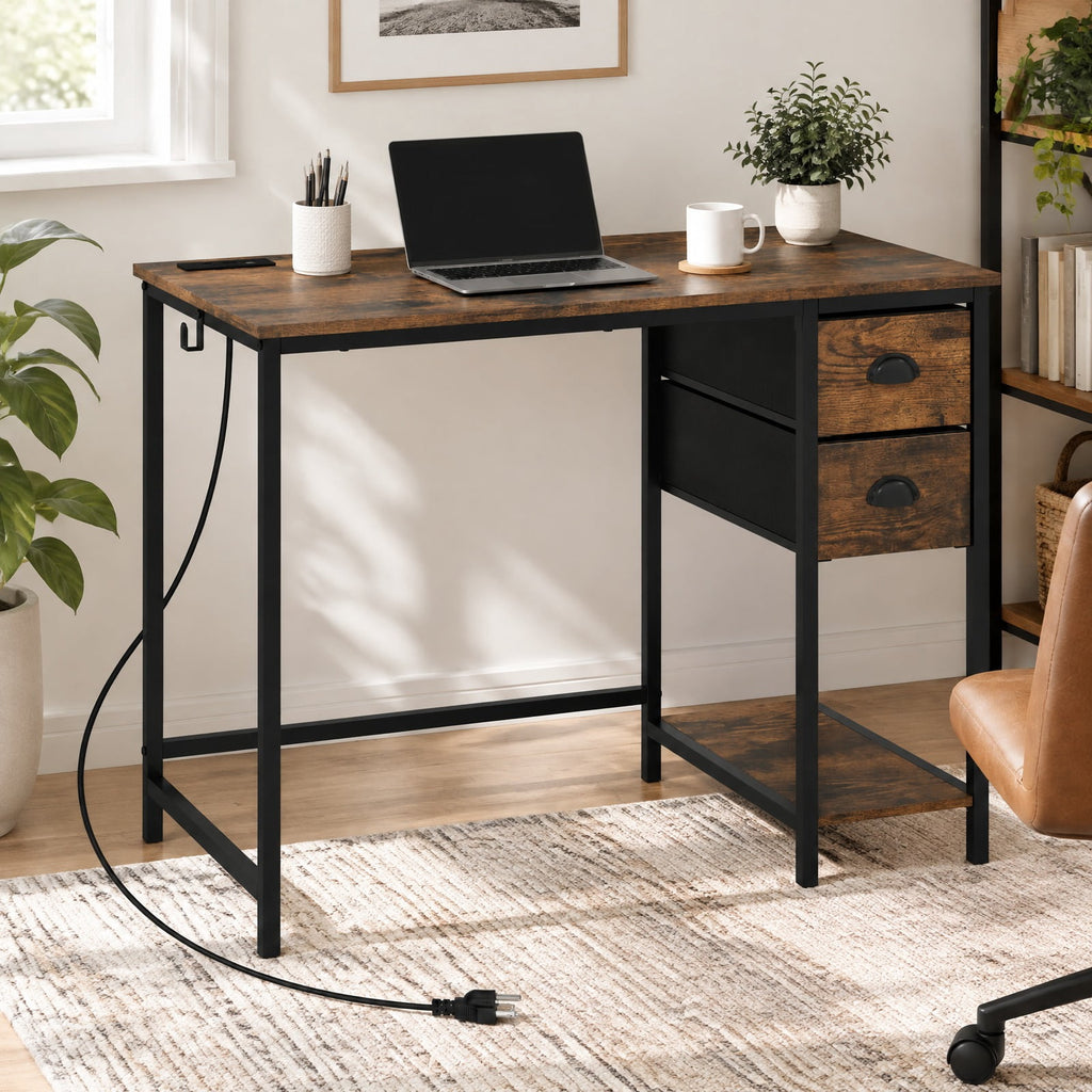 Airfind Computer Desk with Charging Station and 2 Fabric Drawers for Small Spaces, 110 lbs Capacity, Engineered Wood MDF Metal Fabric Frame, Brown