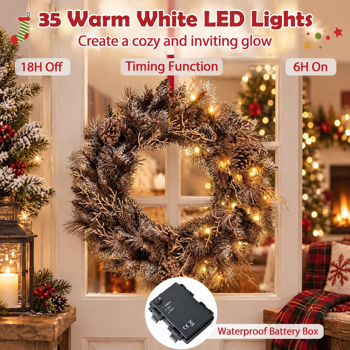 Airfind 24 Inch Pre-lit Christmas Wreath with 105 Branch Tips and 35 Warm White LED Lights-1 piece, PVC PE Metal Frame, 24 x 24 Footprint, White