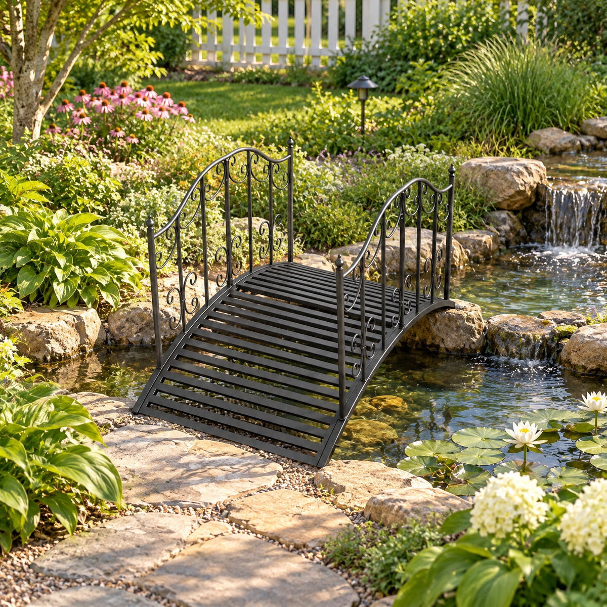 Airfind 3.9 ft Garden Metal Bridge with Dual Patterned Side Rails, 330 lbs Capacity, Metal Frame, 47 Inch x 27 Inch x 28 Inch Footprint, Black
