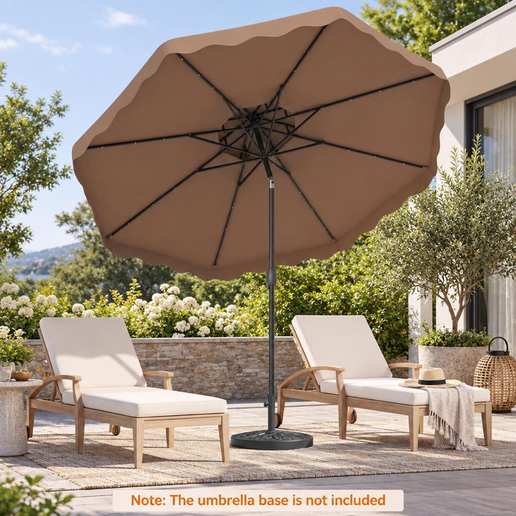 Airfind 9 FT Solar LED Patio Umbrella Push-Button Tilt and Crank 24 LED Lights and 8 Ribs, Polyester Fabric Metal Frame, 9 x 8.2 ft Footprint, Brown