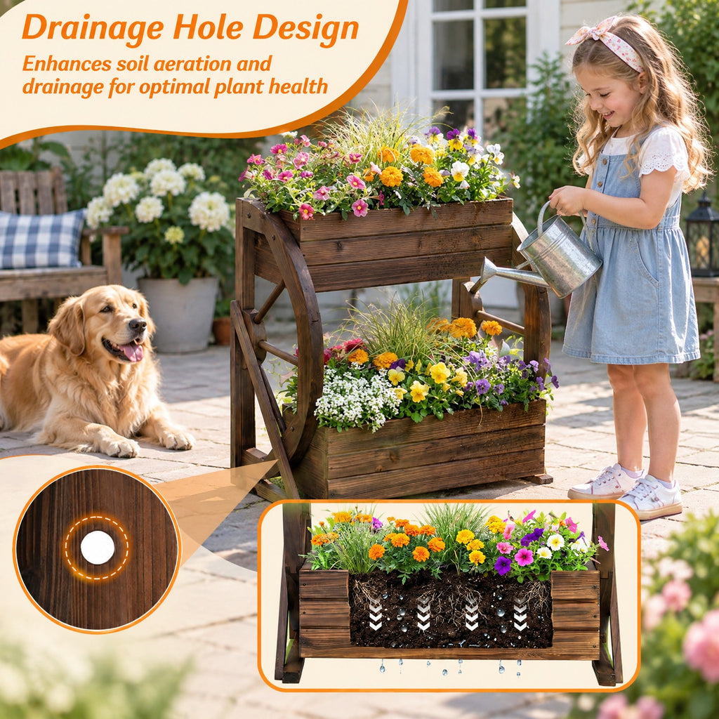 Airfind 2-tier Raised Garden Bed Rustic Wood Wagon Planter with Drainage Holes and Semi-wheels, 22 lbs Capacity, Fir Wood Frame, Coffee
