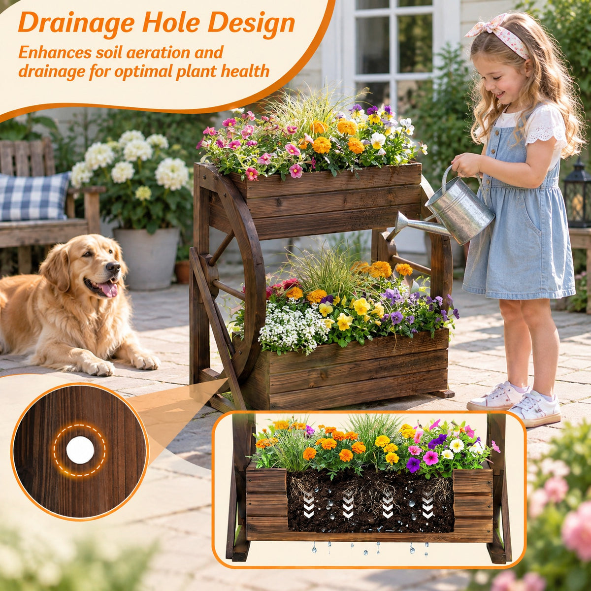 Airfind 2-tier Raised Garden Bed Rustic Wood Wagon Planter with Drainage Holes and Semi-wheels, 22 lbs Capacity, Fir Wood Frame, Coffee