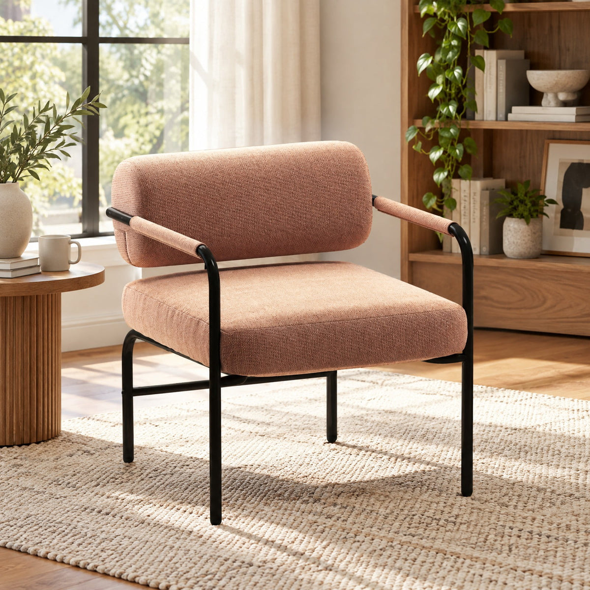 Airfind Velvet Upholstered Accent Chair with Cylindrical Backrest and Metal Armrests, 330 lbs Capacity, Velvet Metal Sponge Frame, Brown
