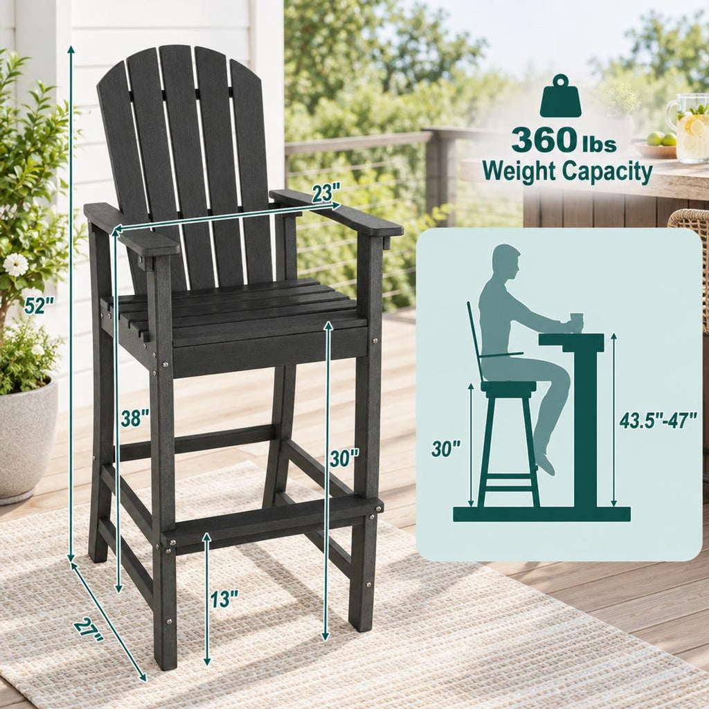 Airfind 30 Inches Counter Height Outdoor HDPE Bar Stool with Armrests and Footrest, 360 lbs Capacity, HDPE Frame, Black