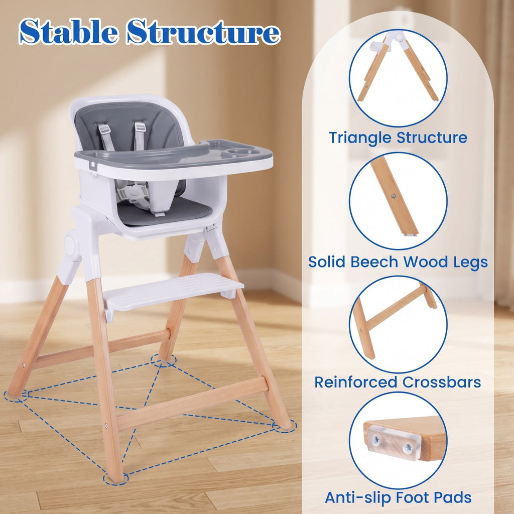Airfind 4-in-1 Convertible Baby High Chair with Detachable Adjustable Tray, Beech Wood Legs