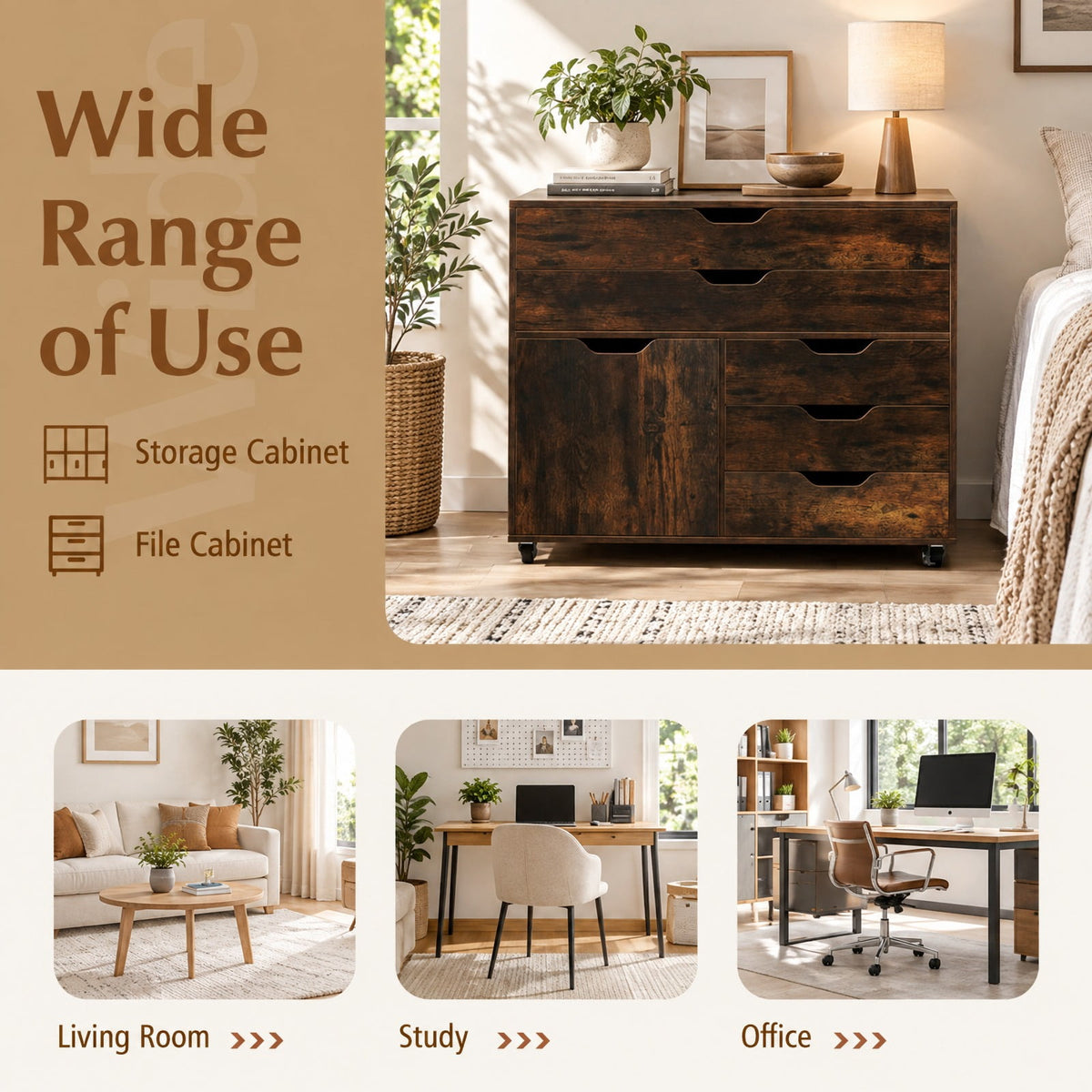 Airfind Modern Vertical 5-Drawer Mobile Chest with Door 5 Casters, 220 lbs Capacity, Engineered Wood MDF Metal Frame, 30.5in x 16in x 25in Footprint