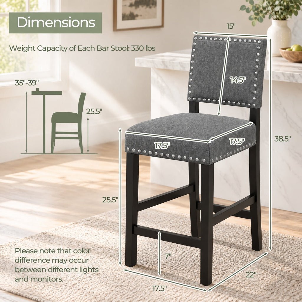 Airfind 38.5/43.5 Inch Set of 2 Counter Height Chairs with Solid Rubber Wood Frame, 330 lbs Capacity, Rubber Wood Linen Fabric Sponge Metal Frame