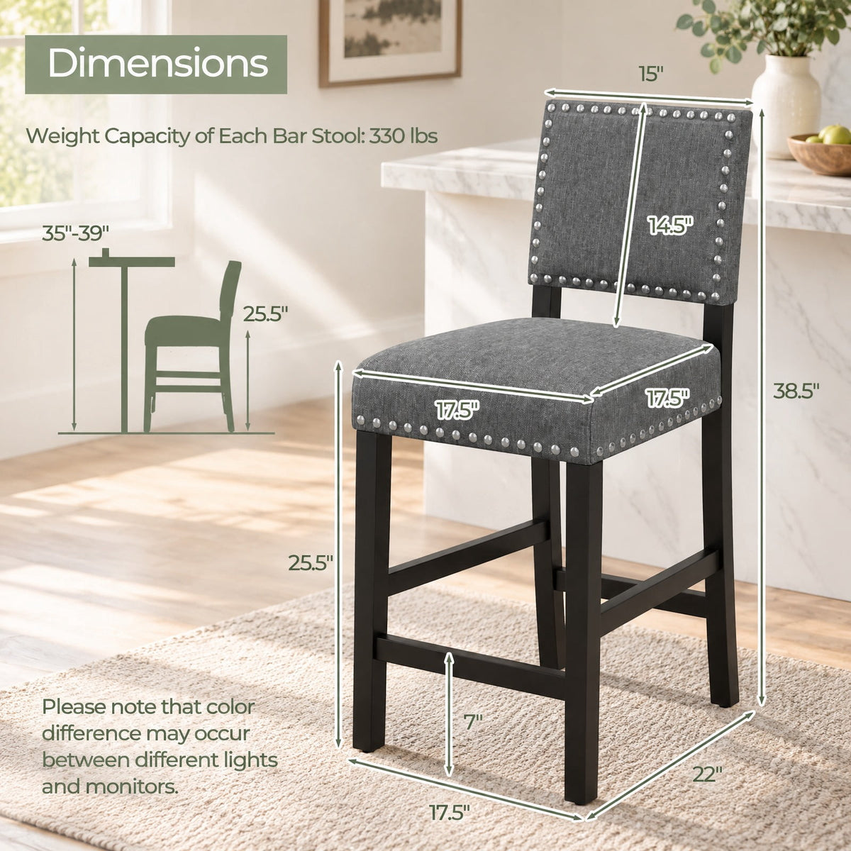 Airfind 38.5/43.5 Inch Set of 2 Counter Height Chairs with Solid Rubber Wood Frame, 330 lbs Capacity, Rubber Wood Linen Fabric Sponge Metal Frame