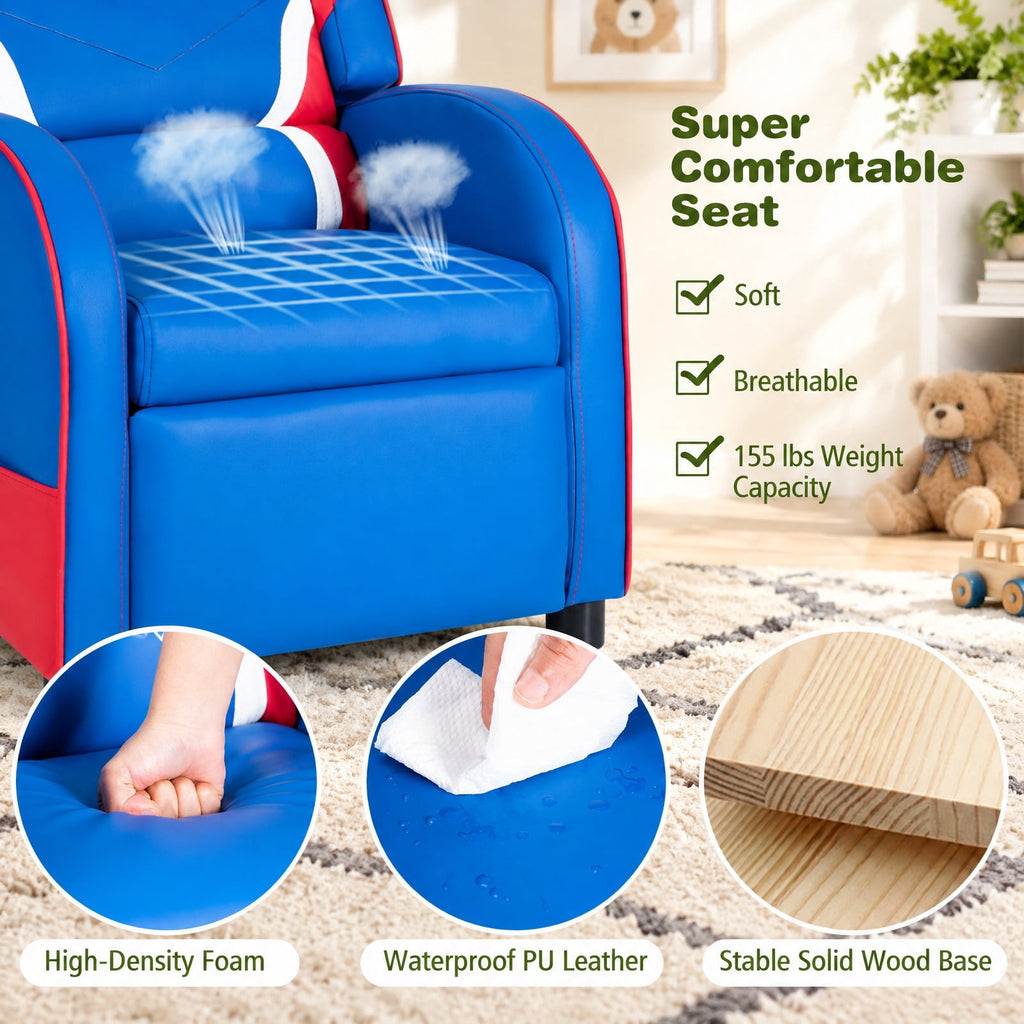 Airfind Kids Leather Recliner Chair with Side Pockets, Solid wood PU leather sponge plastic iron Frame, for 3-9 years old, Blue