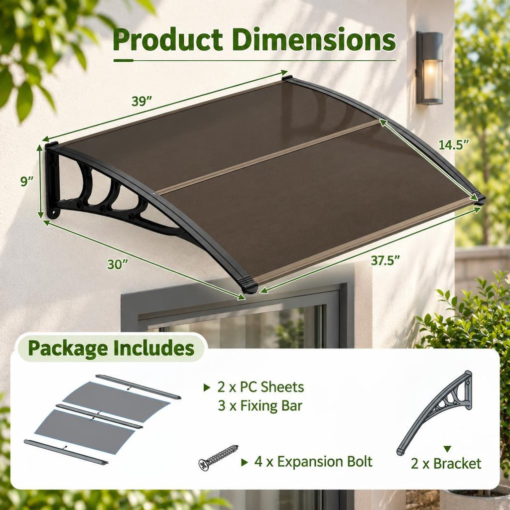 Airfind 39 x 30 Inch Outdoor Front Door Window Awning Door Canopy Exterior, 44 lbs Capacity, Polycarbonate Aluminum PP Frame, 39x30x9 Footprint