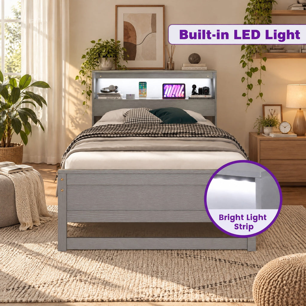 Airfind Twin Size Bed Frame with Storage Headboard and Charging Station, 200 lbs Capacity, Plywood Pine Wood MDF Engineered Wood Frame, Gray