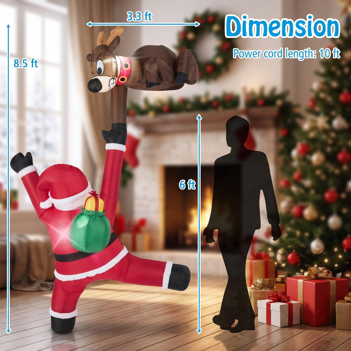 Airfind 8.5 Feet Christmas Inflatable Reindeer and Climbing Santa Claus with Built, Polyester Fabric Frame, 4.6 ft x 3.3 ft x 8.5 ft Footprint