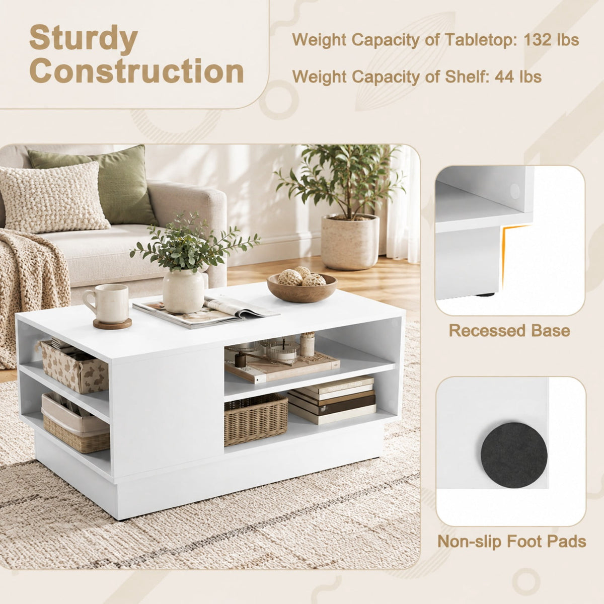 Airfind Modern Coffee Table with 2-Tier Open Storage Shelves, 132 lbs Capacity, Engineered Wood Frame, 34 x 22 x 16 Footprint, White