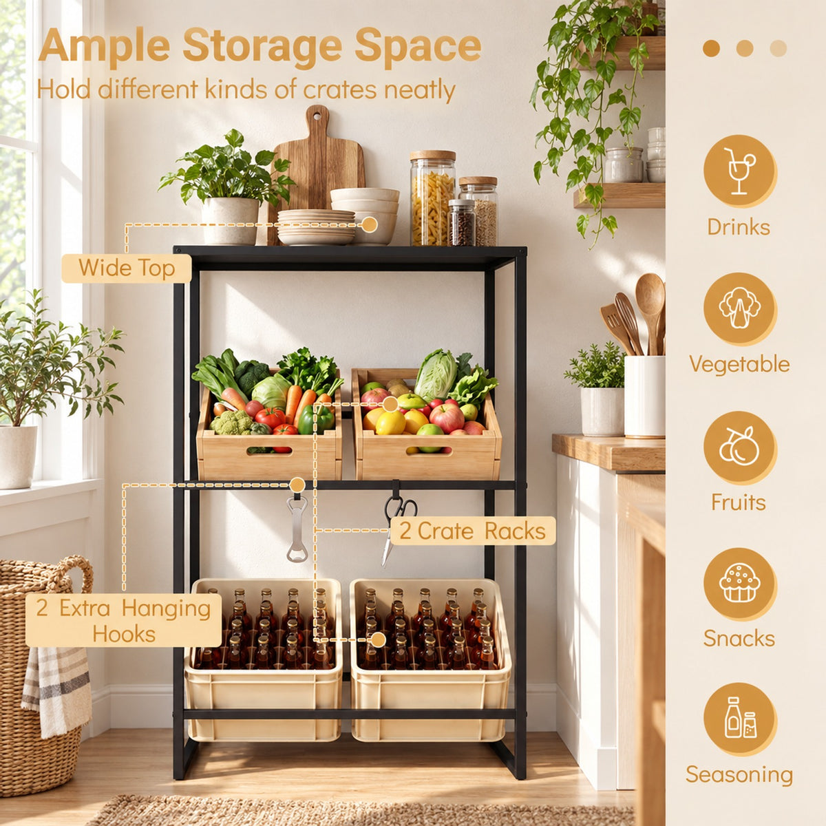Airfind 3-Tier Drink Crate Rack with Shelf for Beer and Water for Kitchen and Garage, 44.1 lbs Capacity, Metal Frame, Black