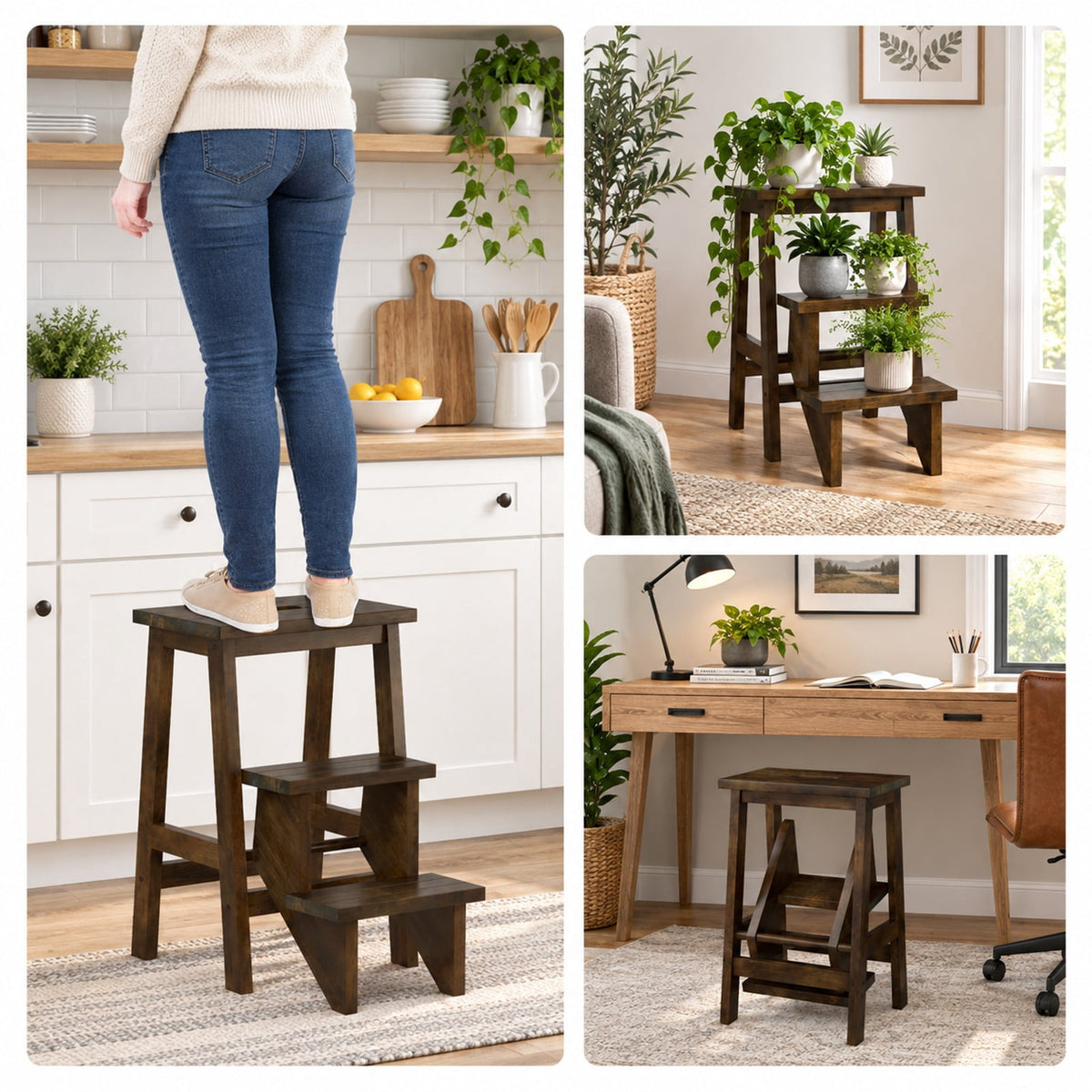 Airfind 3-in-1 Rubber Wood Step Stool with Convenient Handle, Rubber wood Frame, 22 x 16 x 24 Footprint, Brown