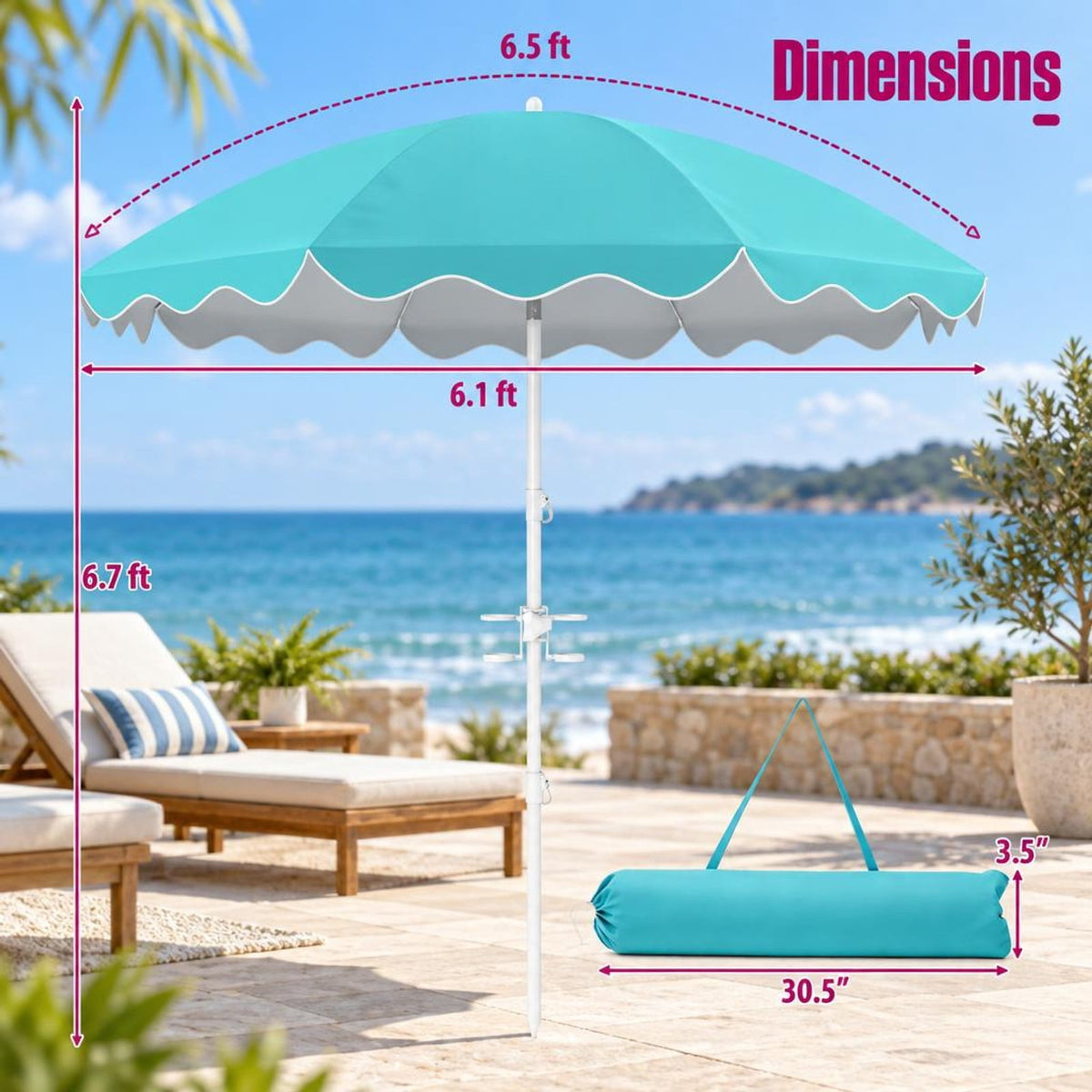 Airfind 6.5 FT Beach Umbrella UPF 50+ with Sand Anchor for Garden Pool, Polyester Fabric Metal Aluminum Alloy PP Frame, Turquoise Stripe