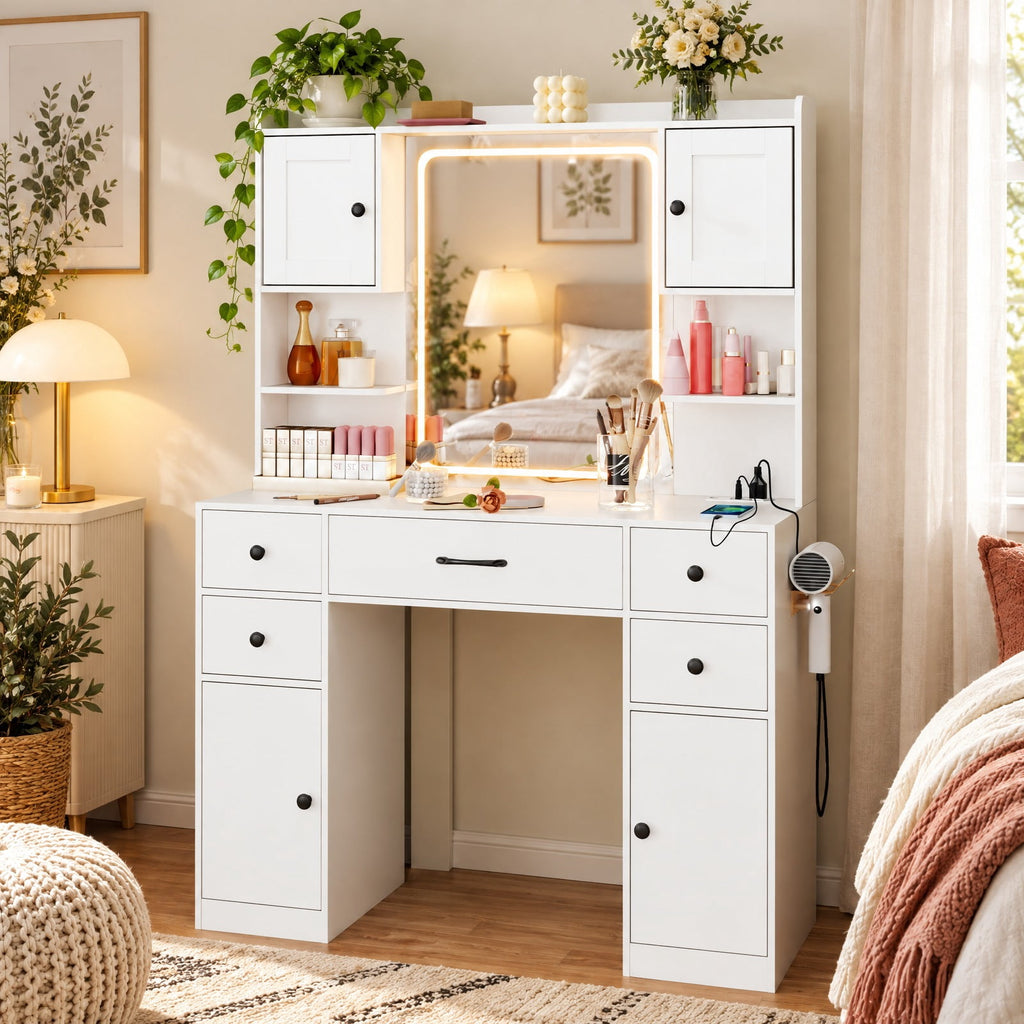 Airfind Makeup Vanity Desk with Lighted Mirror and Charging Station, 110 lbs Capacity, Engineered Wood Frame, 41.5 Inch x 16 Inch x 59 Inch Footprint, White
