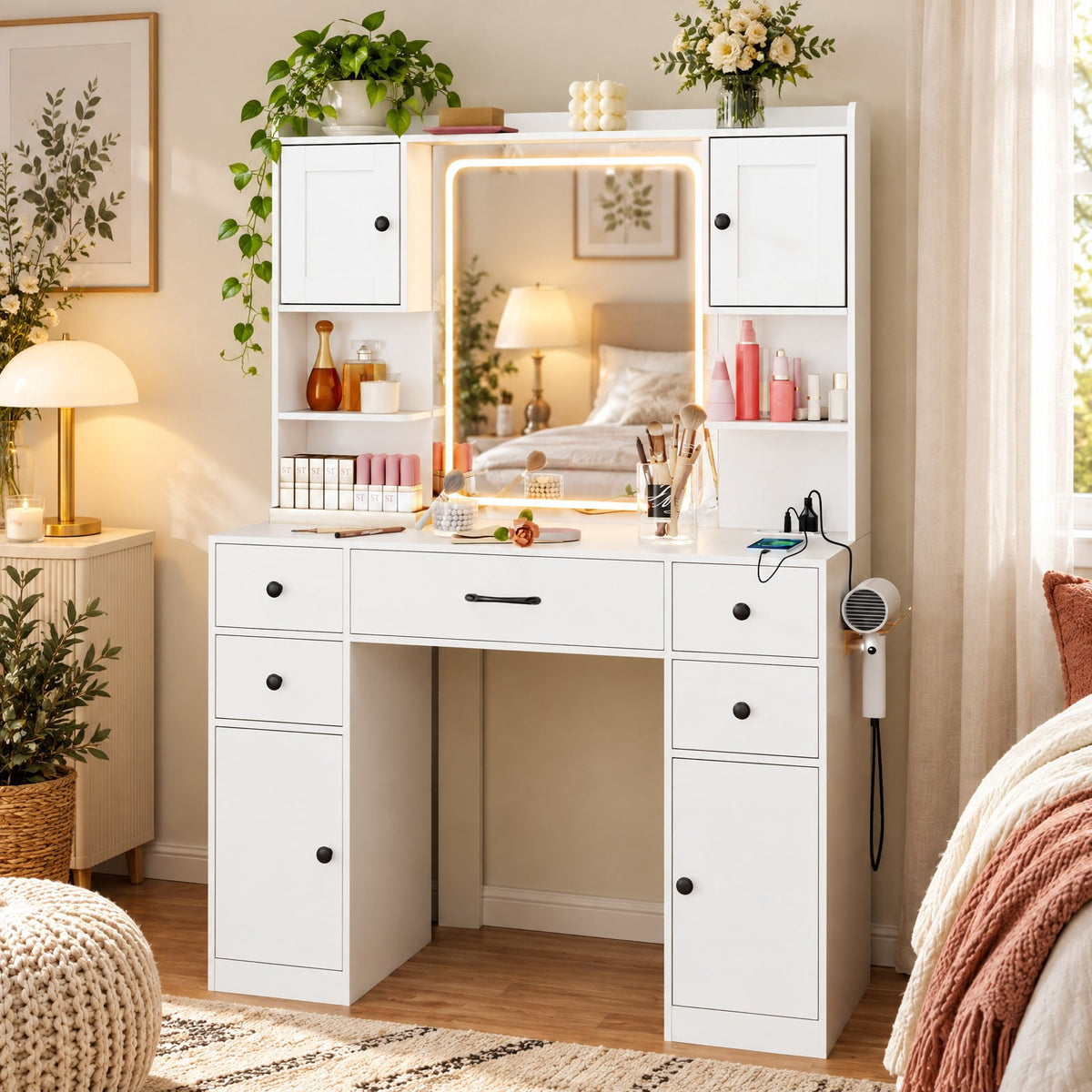 Airfind Makeup Vanity Desk with Lighted Mirror and Charging Station, 110 lbs Capacity, Engineered Wood Frame, 41.5 Inch x 16 Inch x 59 Inch Footprint, White