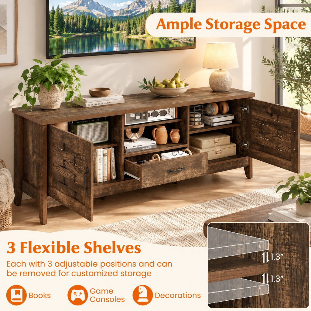 Airfind TV Stand, Farmhouse, for 65 Inch TVs with 2 Woven Accent Doors and 3 Adjustable Shelves, 110 lbs Capacity, Engineered Wood MDF Frame, Brown