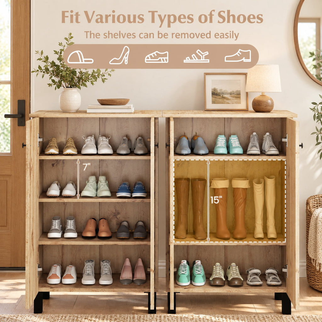 Airfind 4-Tier Shoe Organizer with Removable Shelves and 2 Doors, 88 lbs Capacity, MDF Engineered Wood Frame, 24 Inch x 13.5 Inch x 36 Inch Footprint, Natural