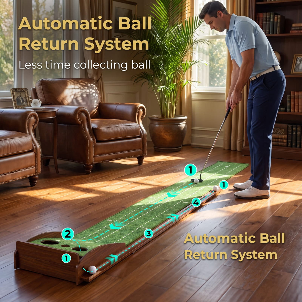 Airfind Golf Putting Mat Practice Training Aid with Auto Ball Return 3 Hole Sizes and Sloped Approach for Indoor Green, Brown