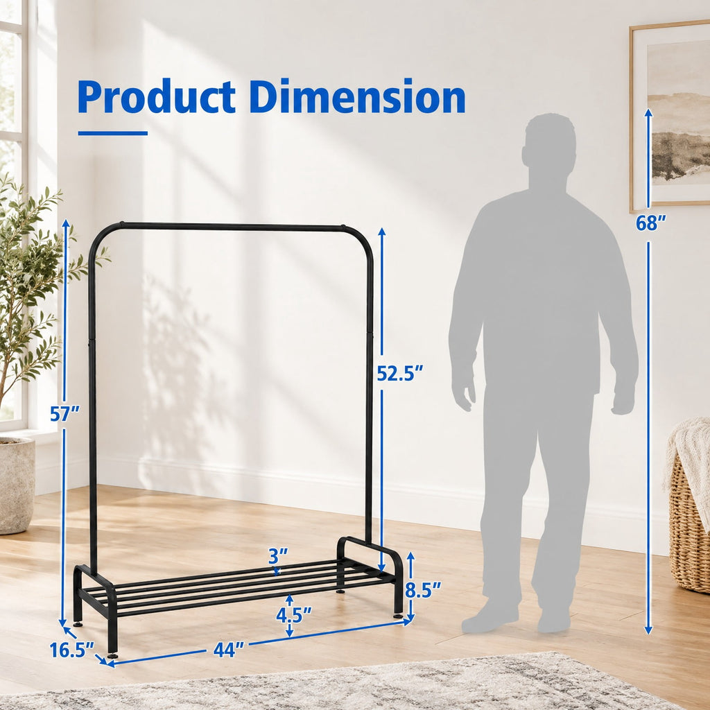 Airfind Heavy Duty Clothes Stand Rack with Top Rod and Lower Storage Shelf, 44 Lbs Capacity, Metal, 44 Inch X 16.5 Inch X 57 Inch, Black