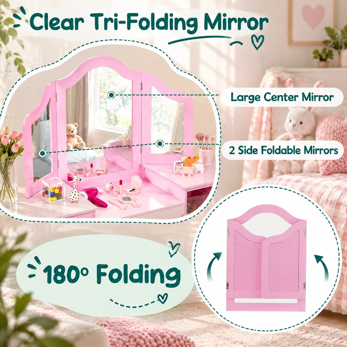 Airfind Kids Vanity Table and Chair Set with Removable Tri-Folding Mirror, 220 lbs Capacity, MDF Acrylic Frame, for 3+ Years Old, Pink