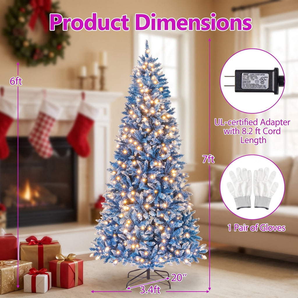 Airfind 6/7/8/9 FT Artificial Christmas Tree with 767 Snowy Branch Tips-7 FT, PVC Metal Frame, 3.1 x 6 ft Footprint, Blue
