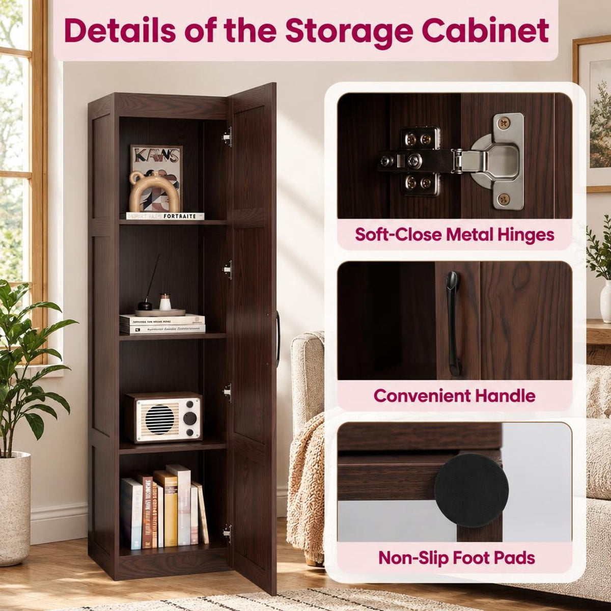 Airfind Tall Storage Cabinet with 4 Storage Shelves for Bathroom Living Room, 110 lbs Capacity, Engineered Wood MDF Frame, 16in x 15in x 59in Footprint