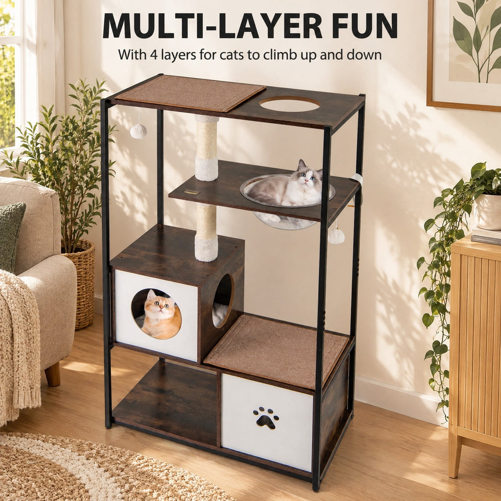 Airfind 52 Inch Tall Wooden Cat Tree Metal Frame with 2 Condos and Cushions, 33 lbs Capacity, 32 x 17.5 x 52 (L x W x H) Bottom Condo Footprint