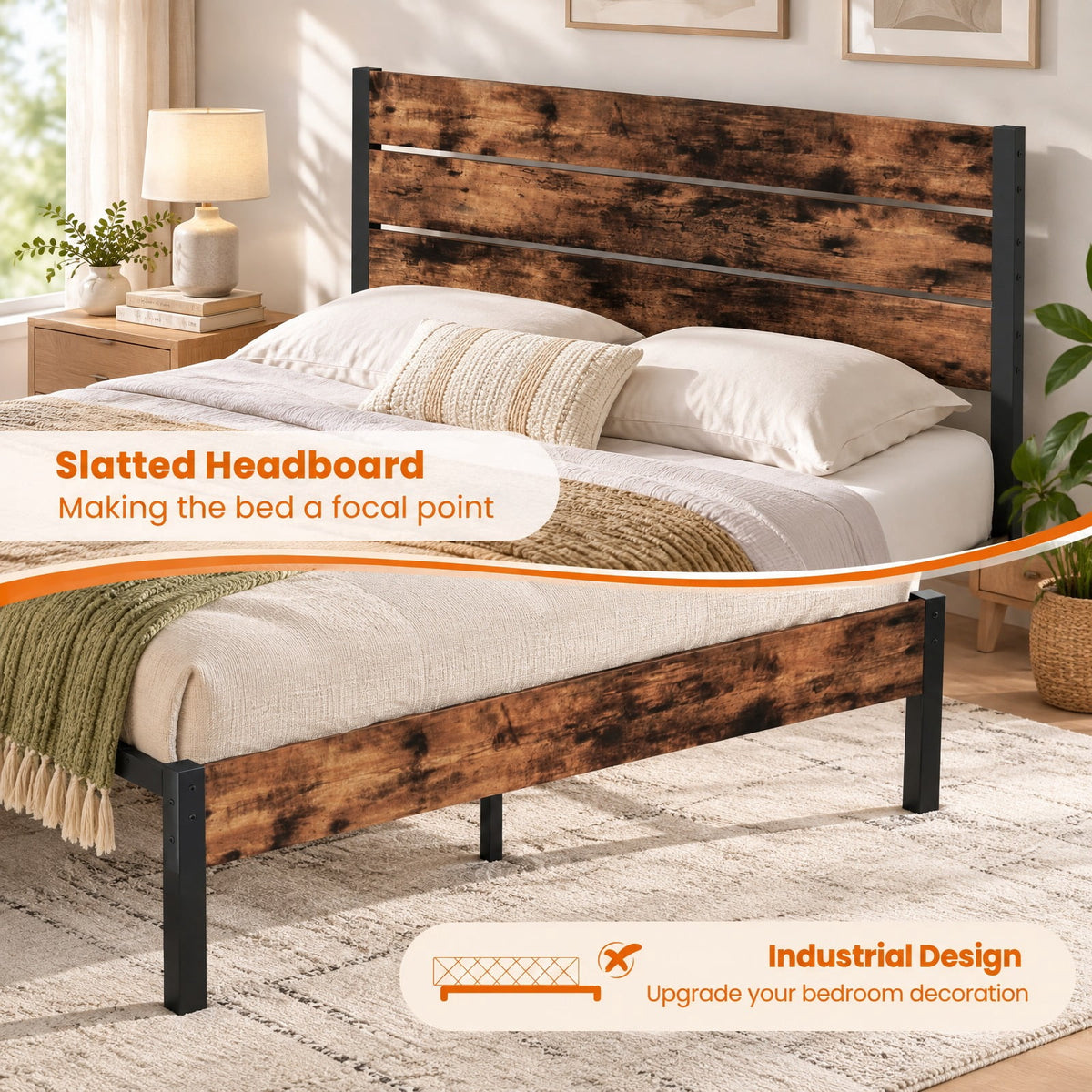 Airfind Queen Metal Bed Frame with Wood Headboard, 12 Slats, Under-Bed Storage, No Box Spring, Rustic Brown
