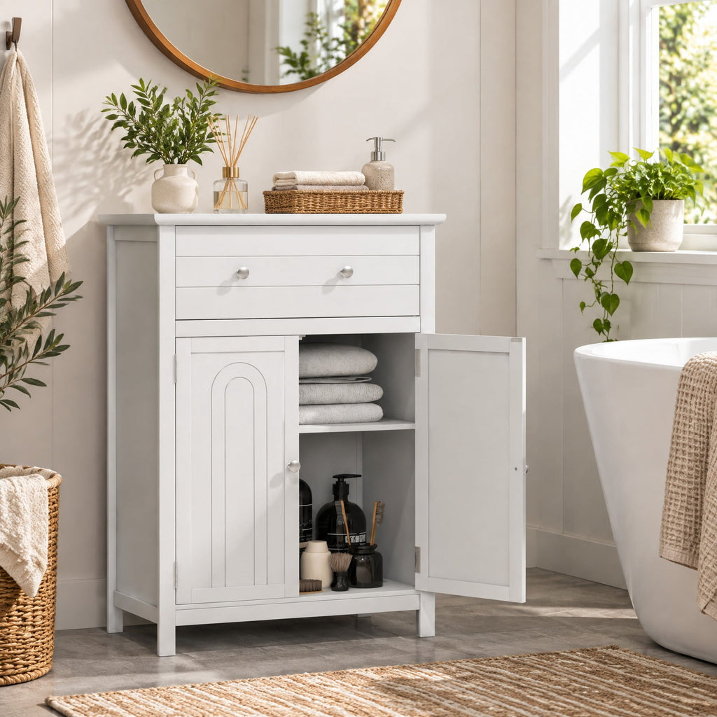 Airfind Free Standing Bathroom Storage Cabinet with Large Drawer, 110 lbs Capacity, MDF Frame, 23.5in x 12in x 31.5in Footprint, White