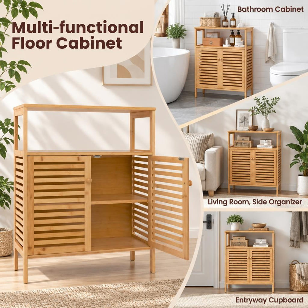 Airfind Bamboo Bathroom Floor Storage Cabinet with Shutter Doors, 145 lbs Capacity, Bamboo MDF Frame, Natural