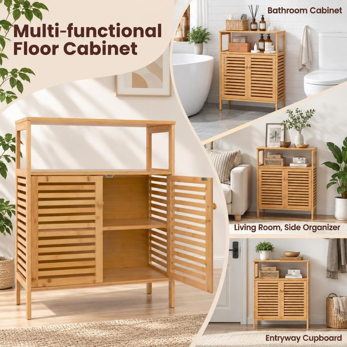 Airfind Bamboo Bathroom Floor Storage Cabinet with Shutter Doors, 145 lbs Capacity, Bamboo MDF Frame, Natural