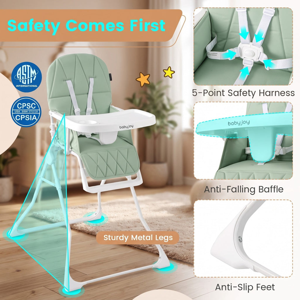 Airfind Easy Clean Compact Highchair with Removable Adjustable Tray and PU Seat Cushion, 33 lbs Capacity, PP Frame, for 6 months-3 years old, Green