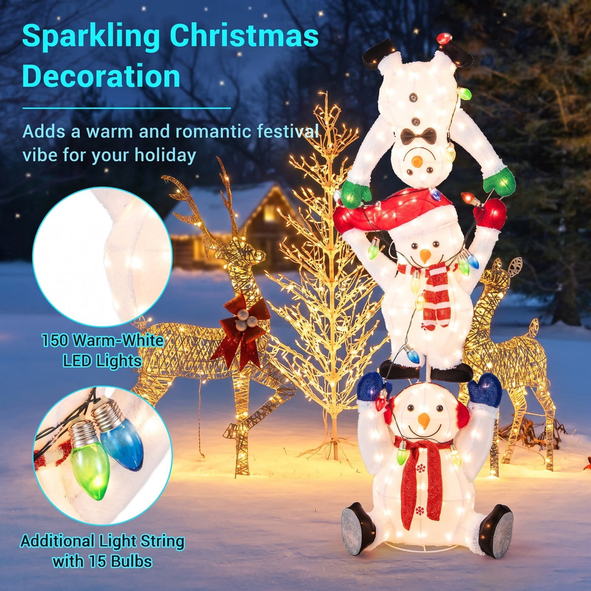 Airfind 5.6 Feet Lighted Stacked Snowmen Christmas Decoration, Plush Fabric Metal Frame, White, Overall Dimensions 1.9 x 1.3 x 5.6 ft (L